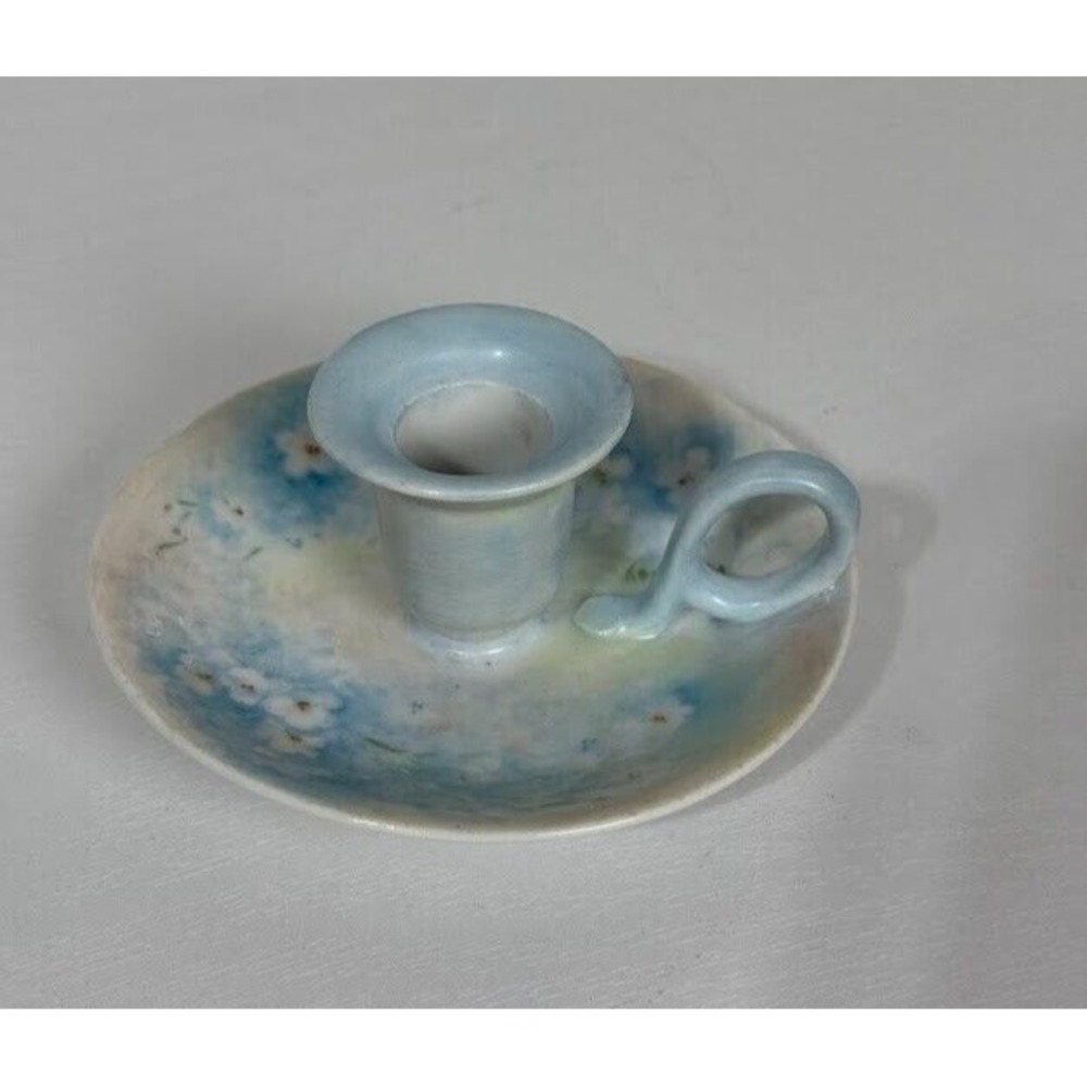 Vintage Handpainted Blue FlowerPorcelain Chamber candleholder Signed L. Routley
